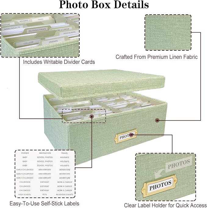 Linen Photo Storage Box – Holds 1700 Photos, Photo Organizer with Lid for Photo, Pictures, 24 Adjustable Dividers & 72 Labels Multi-Use Organizer Memory Box for Envelopes, Baby, Wedding, Cards Green - Image 4