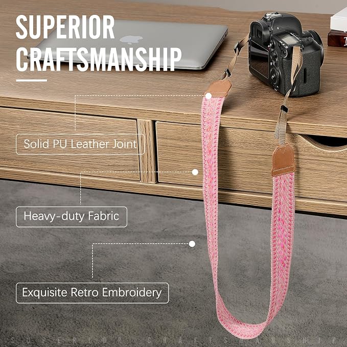 MoKo Camera Strap Compitable with Canon/Sony/Nikon/Minolta/Panasonic/DSLR | Cotton Vintage Camera Strap,Adjustable Neck Shoulder Strap,for Camcorder,Binoculars,for Adults Kids, Pink - Image 2