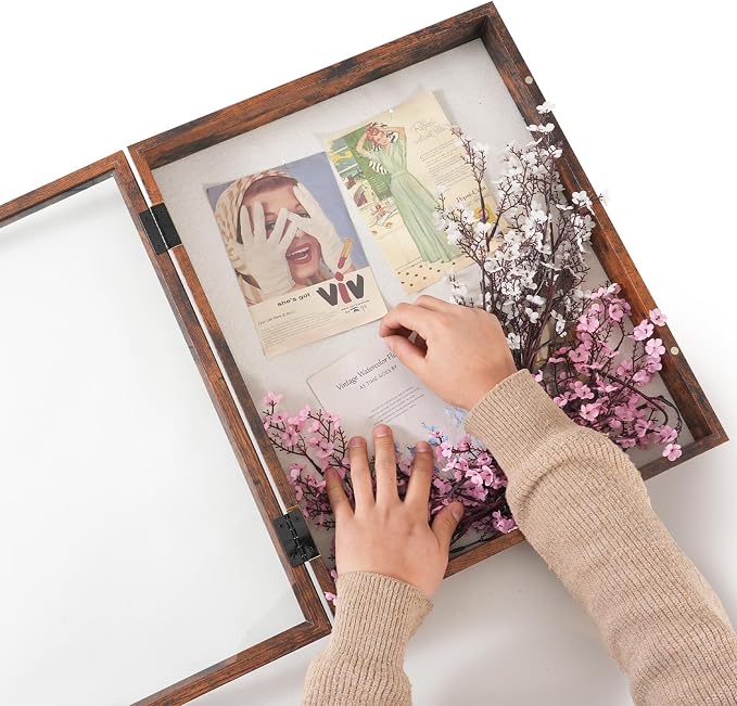Muzilife 16x20 Shadow Box Picture Frame, 2.16 Deep, Real Glass, Honey Brown | FSC-Wood, Magnetic Door, Linen Interior & Pins, Vertical, Horizontal Wall Hanging, Display Case Frame for Photos & Keepsakes - Image 4