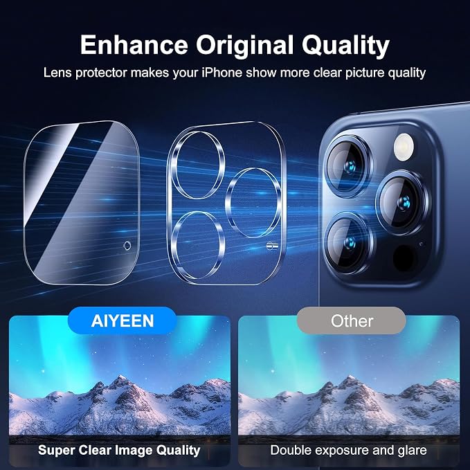 Camera Lens Protector (3 Pack) Compatible with iPhone 15 Pro 6.1" & iPhone 15 Pro Max 6.7" Camera Lens Cover Protection, 9H Tempered Glass, HD Clear Anti-Scratch [Does Not Affect Night Shots] - Image 7