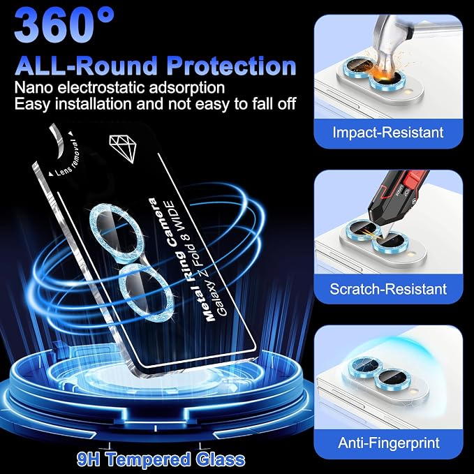 Meshine for Samsung Galaxy Z Fold 8 Camera Lens Protector,Scratch Proof,Strong Adsorption,9H Hardness with Metal Ring Camera Cover,Ultra Thin Case Friendly,Accessories Lens Protector,Glitter Blue - Image 3