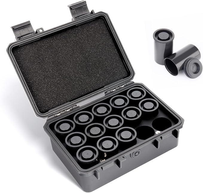JJC Heavy Duty 35mm Film Case Holder for 15 Rolls of 135mm Film Canister | Includes Free Canisters, Light-sealed, IP67 Waterproof & Shock-Resistant, PP Plastic, Custom Film Slots (Film not Included) by JJC