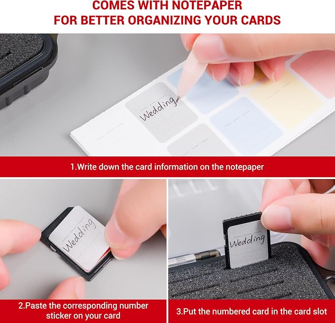 Kiorafoto Waterproof SD Card Holder with 40 Slots - Transparent | Large Capacity,Water-Resistant Memory Card Case,for 40 SD SDHC SDXC Cfexpress Type A PSV PS Vita,w Card Labels & Carabiner - Image 6