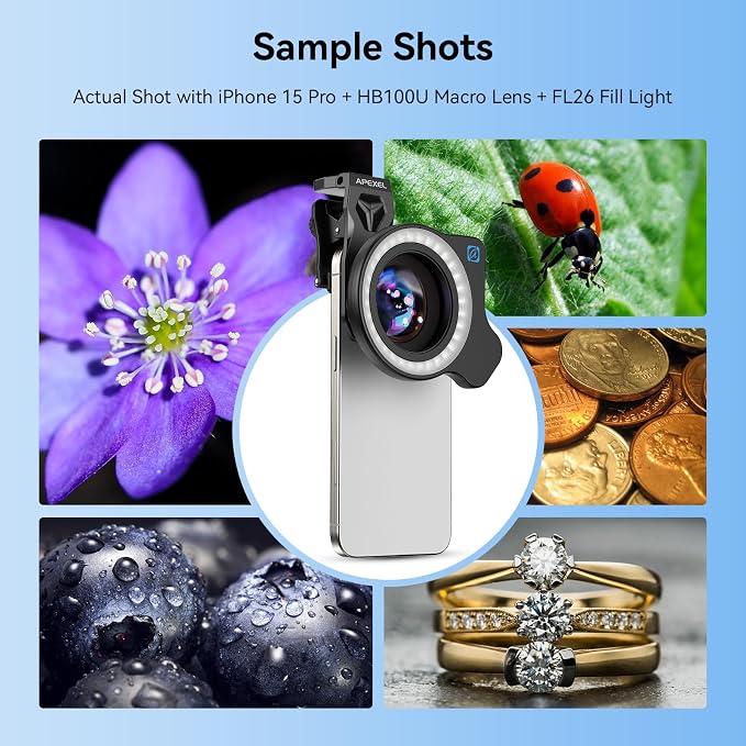 Upgraded Professional Macro Lens for Smartphone with Ring Light, HB100U Macro Photography Lens, Aluminum Phone Camera Lens Kit with Universal Clip. Phone Lens Attachment Fit for iPhone/Android Phone - Image 2