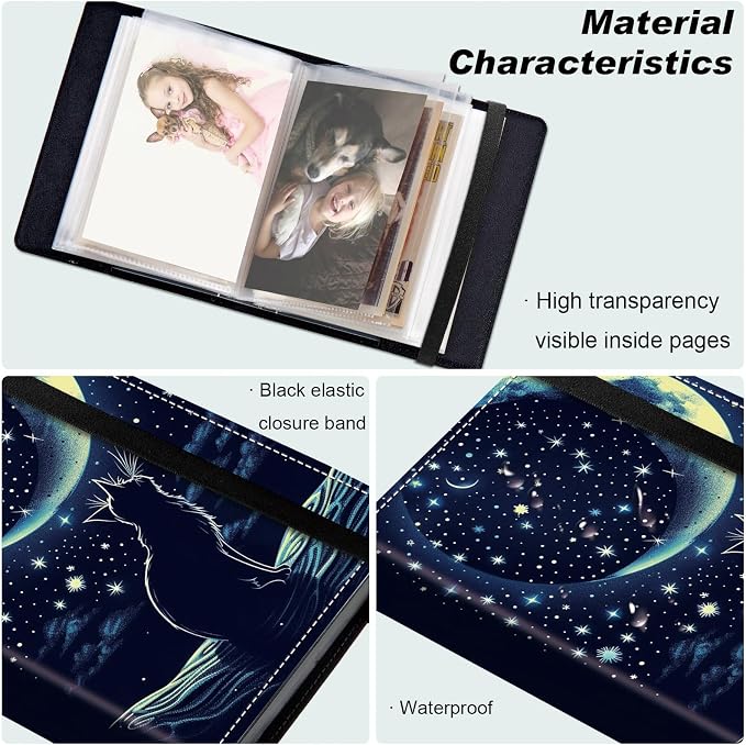 Small Photo Album 4x6 60 Pockets 120 Photos - Adventure Book Baby Photo Albums Photo Books for 4X6 Pictures Memory Book with Black Elastic Band for Photo Storage, Cute Cat Moon With Stars - Image 5