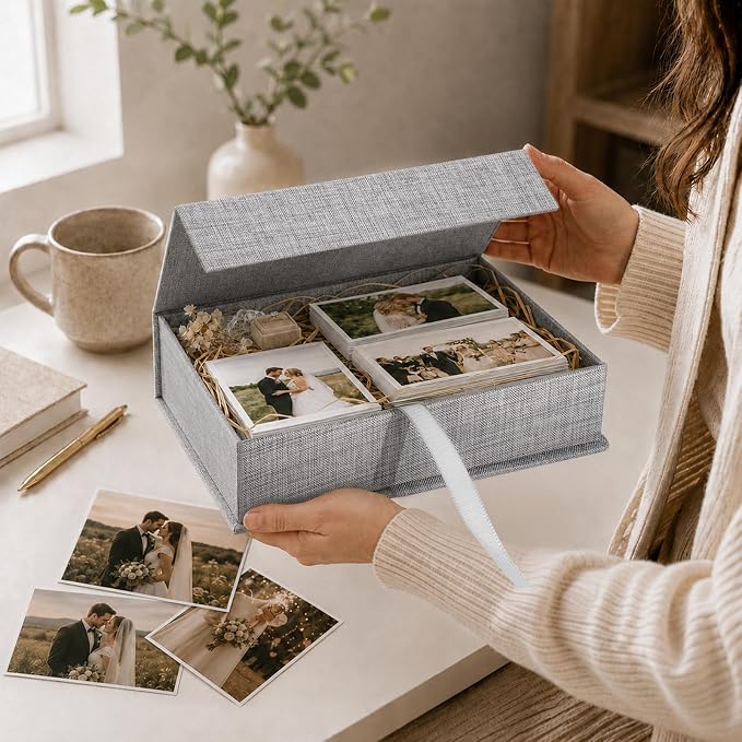 Vienrose Linen Photo Storage Box, 8"x10", Postcard Keeper, Gray | 1Pc Sturdy Linen Cover Box for Photos, Postcards & Decorative Paper Storage, Perfect for Home, Office, Craft Room, and Travel - Image 3