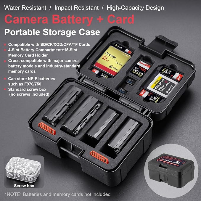 FOMITO Camera Battery Case & Memory Card Organizer - Holds 7 SD Cards 2 CFast 2 CF 2 Micro SD 2 XQD - Water-Resistant Shockproof Hard Shell Storage Box (Black Red) - Image 2