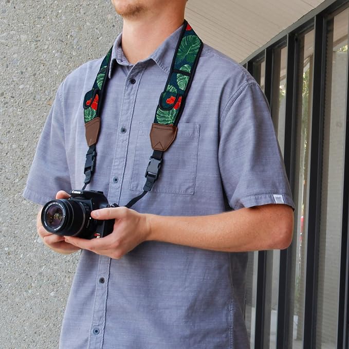 USA Gear TrueSHOT Camera Strap Neoprene Camera Straps - Padded Neck Strap, Pockets, and Quick Release Buckles - Compatible with Canon, Nikon, Sony and More DSLR and Mirrorless Cameras (Tropical) - Image 6