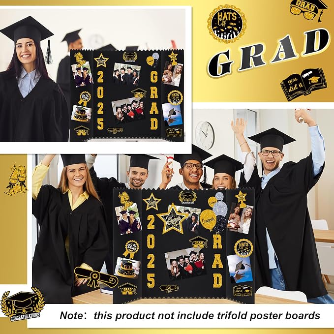 Glenmal 14 Sheets Graduation Photo Display Board Sticker Class of 2026 Black Gold Picture Display Stickers Accessories for 2026 Grad Party College Board Photo Frame Decor (12x10inch, 8.3x8.3inch) - Image 6
