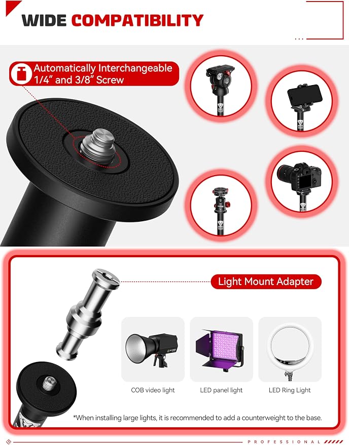 IFOOTAGE A300 Round Base Monopod 60" Aluminum Camera Floor Stand | Tripod Alternative with 1/4" & 3/8" Screw Light Adapter for Camera Tripod Head Ring Light Webcam, Payload 22lb - Image 4