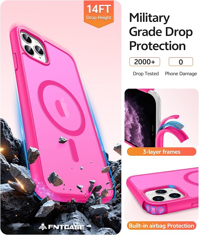 FNTCASE for iPhone 11 Pro Case, Fit for Magsafe, Translucent Matte Back | Magnetic Phone Cases, 14FT Military Grade Drop Protection, Shockproof Bumper, Slim Protective Cover, Hot Pink - Image 5