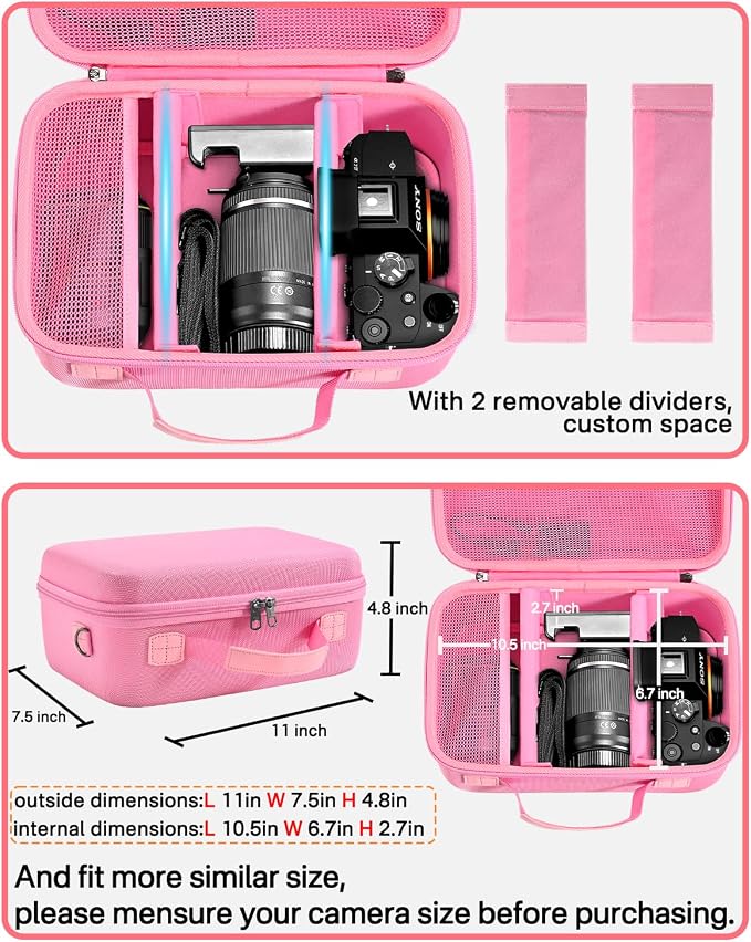 RAIACE Hard Case Compatible with Sony Alpha 7 II III IV/7R V Camera, for Nikon, for Canon, for Pentax and More. Large Capacity With Mesh Pocket for Lens, Charger, Cables, Cards and Accessories.-Pink - Image 4