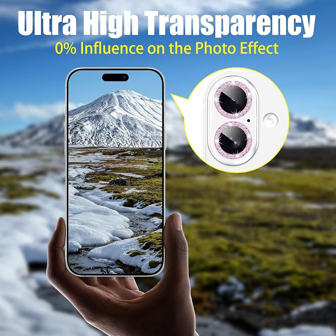AGVEE 3+3 6 Pack for iPhone 17 Camera Lens Protector Cover | Individual Bling Diamond & Bling Glitter Sparkle Cute Gem Metal Ring, 9H Tempered HD Glass - Image 6