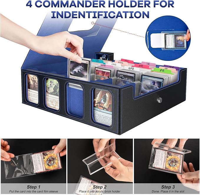 4-Row Trading Card Storage Box, Holds 3200+ Cards [US Patent], Black & Blue | Large Capacity, Portable Handle & Display Windows, Compatible with MTG, Commander, Sports Cards and Other Standard TCG Cards - Image 3