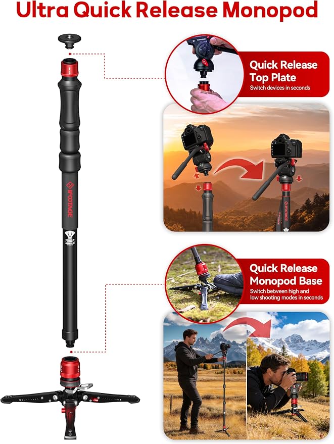 IFOOTAGE Cobra 3 Strike A150S Aluminum Camera Monopod 59" | Travel Monopod with Feet, 1/4" & 3/8" Quick Release Compatible with Sony Canon Nikon DSLR Camera, Payload 11lb - Image 5
