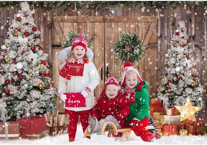 8x6FT Polyester Fabric Winter Christmas Rustic Barn Wood Door Photography Backdrop Xmas Tree Snow Background Banner for Family Holiday Party Decoration Supplies Photo Studio Props Pictures - Image 4