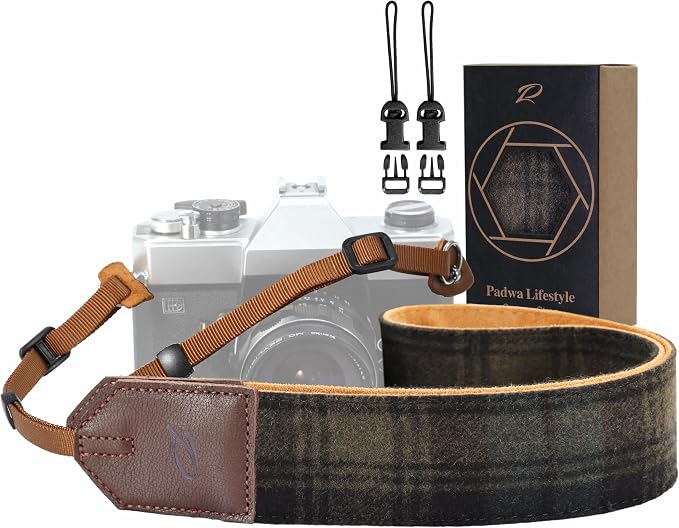 Padwa Lifestyle Camera Strap - 2" Full Grain Leather Ends Camera Straps for Photographers, Unique Vintage Cashmere and Soft Suede Fabric Padded Strap Quick Release fits All Cameras(Dark Green Check) by PadwaLifestyleCameraStrap
