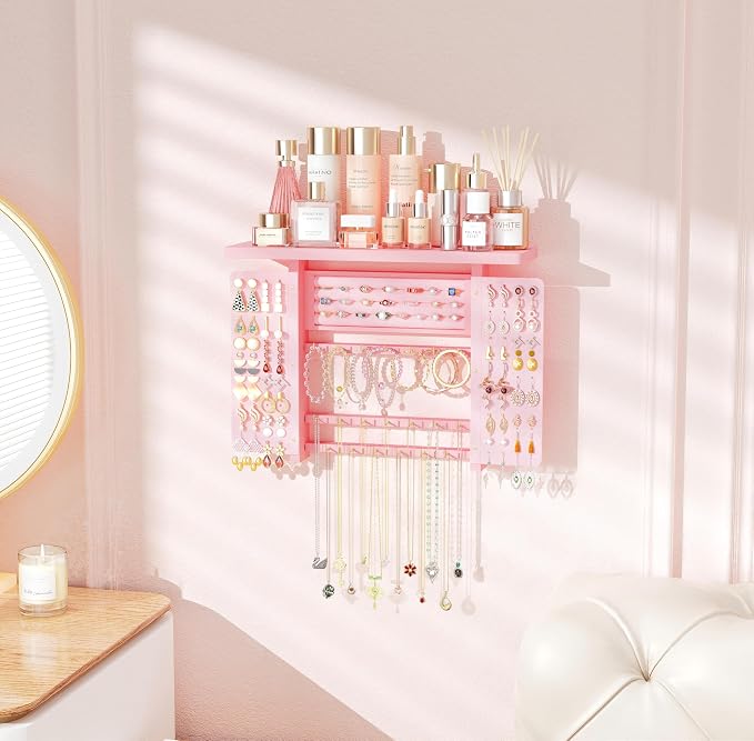 Emfogo Jewelry Organizer Hanging Wall Mounted Jewelry Holder, 5-in-1 Large Capacity Wood Necklace Organizer Wall Display for Ring, Necklaces, Bracelets, Earrings (Pink) - Image 4