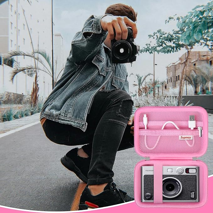 Carrying Case Compatible with Fujifilm Instax Mini EVO Instant Camera, INSTAX MINI EVO Camera Storage Holder Travel Bag with Mesh Pocket for Photos, USB Cables, Film, Pink - Image 7