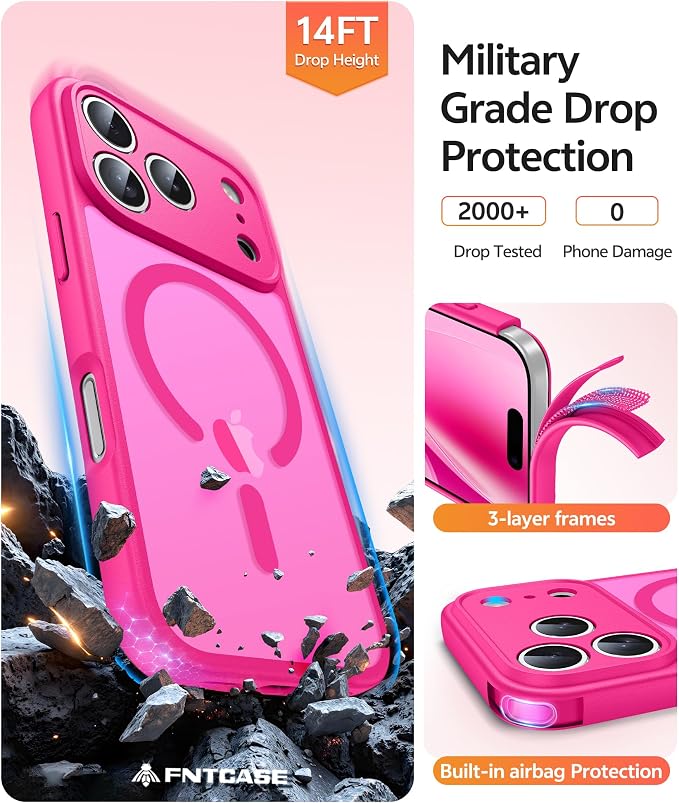 FNTCASE for iPhone 17 Pro Max Case, Fit for Magsafe, Screen Protector | Full Camera Protection, Translucent Matte, 14FT Military Grade Drop Proof, Shockproof Protective Phone Cover, Hot Pink - Image 5