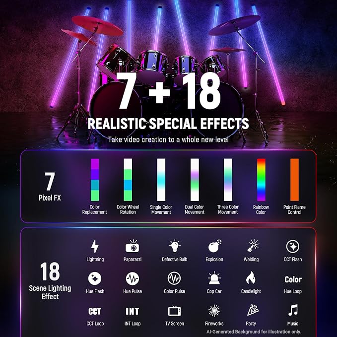 NEEWER TL120C RGB Tube Light, 42W Full Color RGBWW Photography LED Video Light Wand Stick with APP/2.4G/DMX Control, 7 Pixel Effects/18 Scenes, 2500K-10000K CRI97+ TLCI98+, 6000mAh Battery | Video Light Wand Stick, APP/2.4G/DMX Control, 7 Pixel Effects... - Image 4