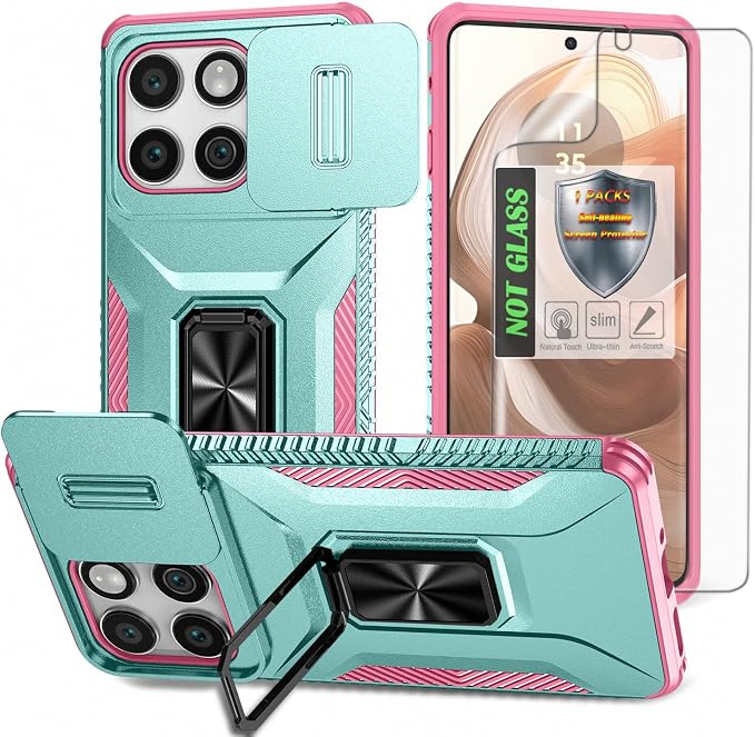 for Moto Edge 2025 Case,with Sliding Camera Lens Cover,HD Screen Protector,360° Rotating Kickstand, Military-Grade Shockproof Protective Cover for Motorola Moto Edge 2025,Mint+Pink by AYMECL