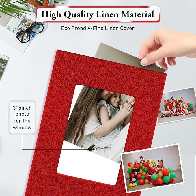 Photo Album 4x6,Linen Cover Slide-in Photo Album Book Can Holds 200 4x6 Photos with 50 Black Sheets for Baby Family Pictures Artwork or Postcards Storage (Red) - Image 5
