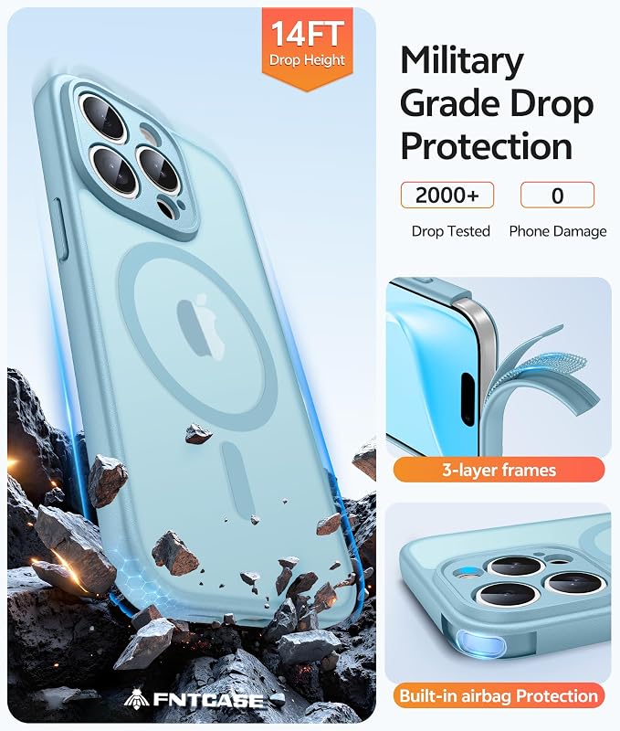 FNTCASE for iPhone 15 Pro Max Case, Fit for Magsafe, Glass Screen Protector | Full Camera Protection, Translucent Matte, 14FT Military Grade Drop Proof, Shockproof Protective Phone Cover, Teal - Image 5