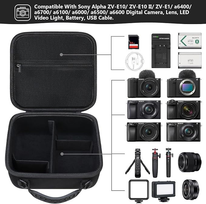 Carrying Case for Sony Alpha ZV-E10/ ZV-E10 II/ZV-E1/ a6400/ a6700/ a6100/ a6000/ a6500/ a6600 Digital Camera, Vlog Camera Kit Storage Holder Fits Tripod, Lens, LED Video Light, Battery, Black - Image 2