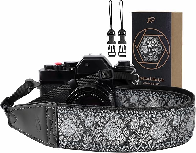 Padwa Lifestyle Gray Flower Camera Strap - 2" Full Grain Leather Ends Camera Straps for Photographers, Vintage Embroidered Cotton Weave Soft Suede Fabric Padded Strap Quick Release fits All Cameras by PadwaLifestyleCameraStrap