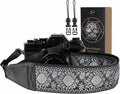Padwa Lifestyle Gray Flower Camera Strap - 2" Full Grain Leather Ends Camera Straps for Photographers, Vintage Embroidered Cotton Weave Soft Suede Fabric Padded Strap Quick Release fits All Cameras by PadwaLifestyleCameraStrap