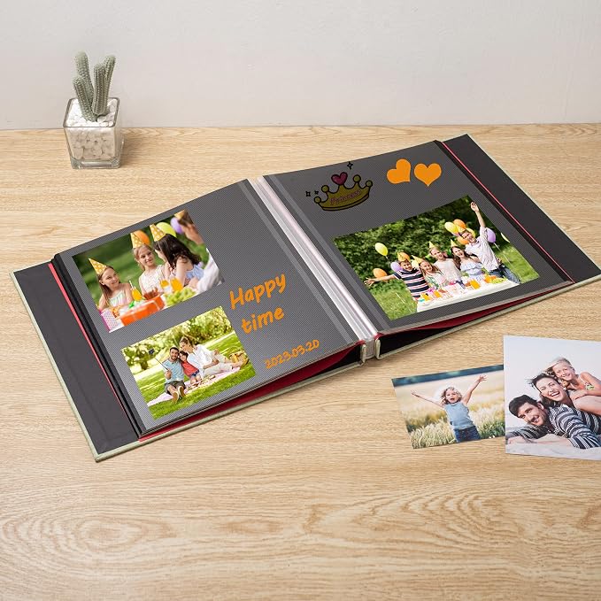 Large Photo Album Self Adhesive 4x6 8x10 10x12 13"x12.6" Scrapbook Album 12.6"x11" Inch 60 Black Sticky Pages Linen Cover Magnetic Photo Album with A Metallic Pen and DIY Stickers - Image 2