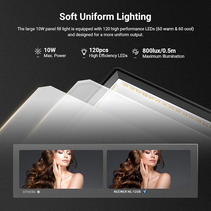 NEEWER Basics 9" LED Light Panel with Desk Tripod Stand, Edge Lit, NL-120B | 3200K-5600K Dimmable, Camera Soft Key Lighting, CRI95+ 800Lux, 4000mAh Rechargeable, Photography Video Recording Streaming - Image 3