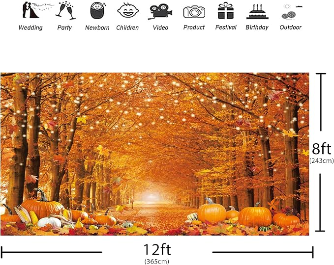 12x8FT Fall Photo Backdrop for Photography Thanksgiving Day Friendsgiving Autumn Forest Scenery Maple Leaves Background Pumpkin Party Decorations Banner Photo Props - Image 4
