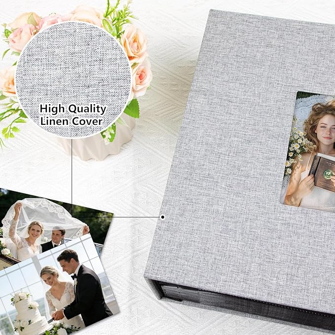 Aevdor Large Capacity 4x6 Photo Album, 1000 Photos, Linen Cover, Grey | Black Inner Pages, 3 Horizontal and 2 Vertical Pockets per Side, Front Photo Window, Family, Wedding & Travel Memories - Image 6