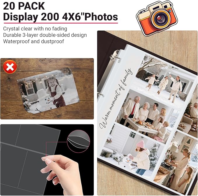 Oversized Photo Album Refill Pages 12x12, Mixed 4x6 Photo Sleeves for 3 Ring Binder, D-Ring Scrapbook Album, Wedding Family Anniversary Baby Travel Book, 20 Acid-Free Page Protectors with 200 Pictures - Image 4