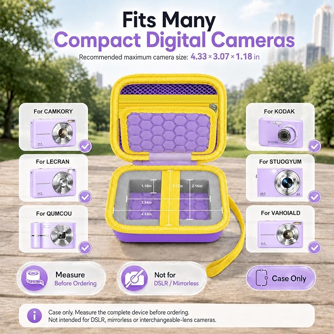 Comecase Digital Camera Case for Kodak FZ55/FZ45, Purple&Yellow Zipper | Hard EVA Shell, Padded Divider and 2 SD Card Slots Organize a Compact Camera, Charger and Cable for Travel. Case Only. - Image 2