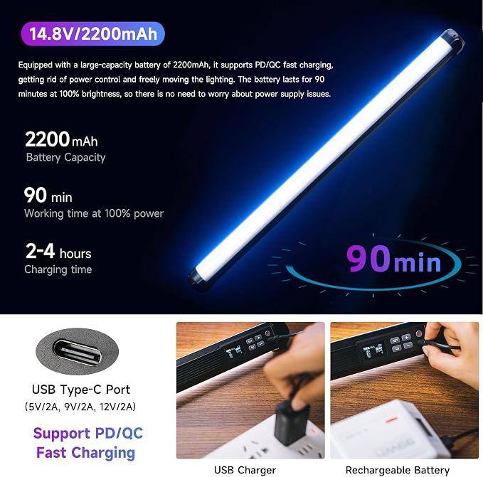 VILTROX K60 2 Pack Large Handheld Stick Light, 32Wh Rechargeable Battery 20W 1950lm RGB LED Video Light w PD Fast Charging CRI 97+ 2500K-8500K LCD Display, 22.8" Tube Light for Photography Light Wand - Image 5