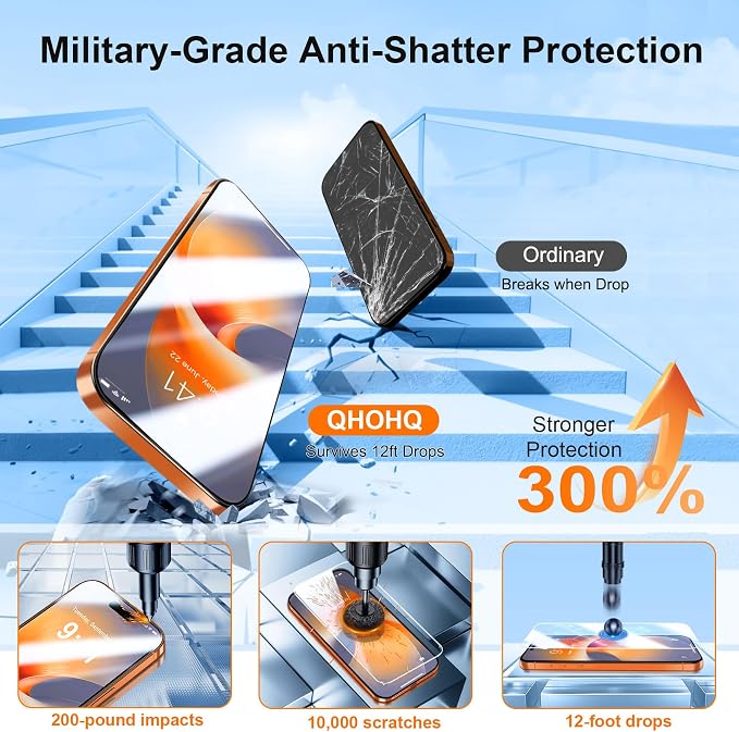 QHOHQ [1-Second Auto-Install] 3 Pack Screen Protector for iPhone 17 Pro Max [6.9 Inch] + 1 Set Camera Lens Protector, 9H+ Shatterproof Tempered Glass, [12FT Military Grade Protection], Case Friendly - Image 3