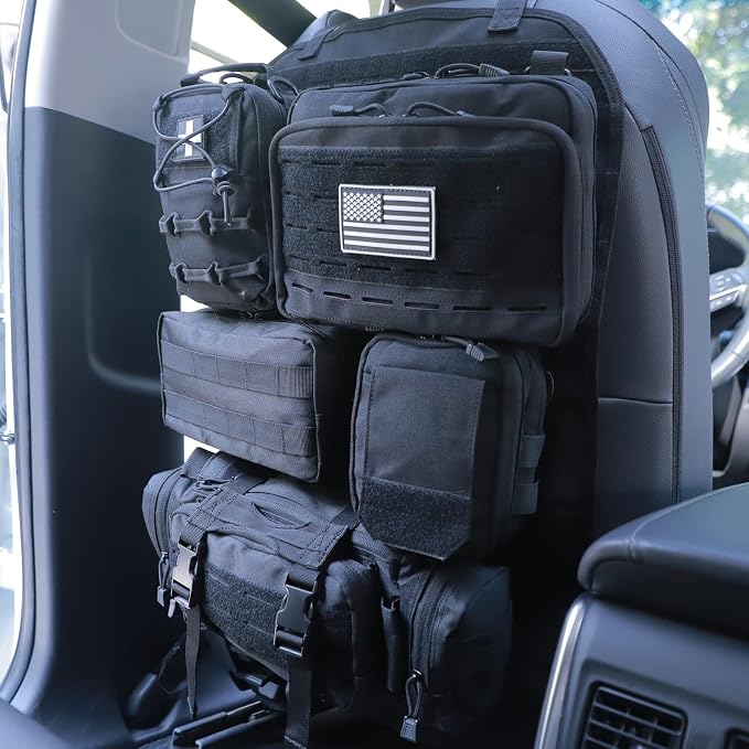 Universal Tactical Car Seat Back Organizer Bag Tactical Molle Vehicle Organizers Panel Vehicle Protector Organizers with 5 Detachable Pouches for Car Truck Ford Jeep (Upgraded C model Black) - Image 6