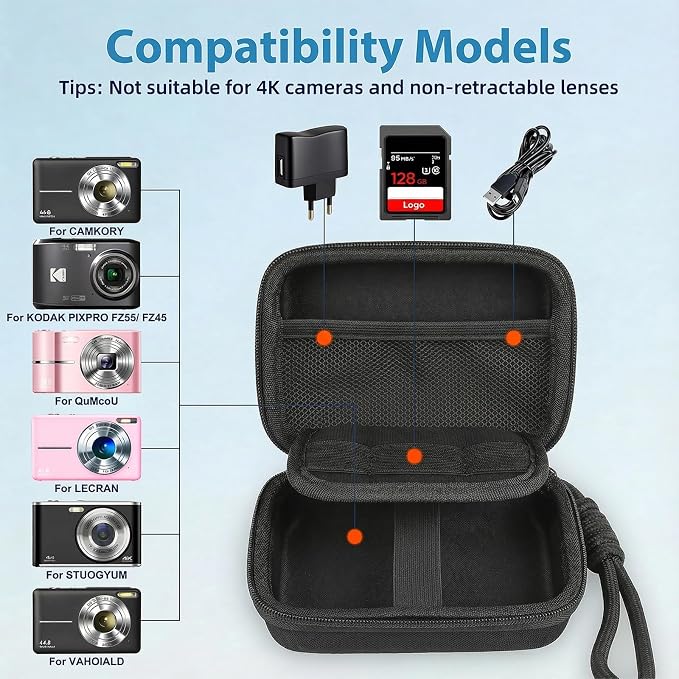 Digital Camera Case Compatible with CAMKORY Digital Point and Shoot/for KODAK PIXPRO FZ45/55 16MP Vlogging/for VAHOIALD FHD 1080P/for IWEUKJLO/for Nsoela, Holder for SD Card More (Black) - Image 3
