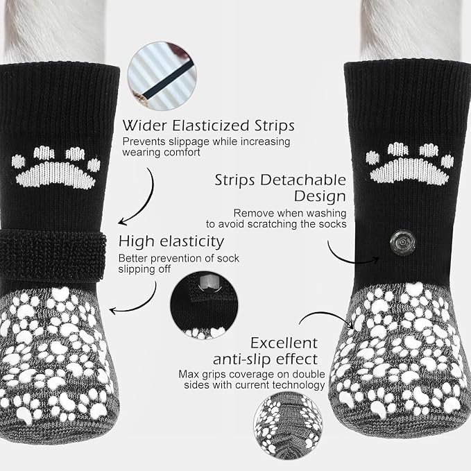 EXPAWLORER Anti Slip Dog Socks to Prevent Licking Paws, Shoes for Hot Pavement, Dog Booties for Small Medium Large Senior Dogs, Traction Control Boots & Paw Protectors for Hardwood Floors Black&Grey - Image 2
