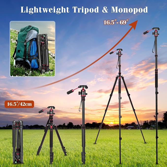 2 in 1 Camera Tripod & Hunting Stand Foldable, 68" Ball Head Tripod for Camera and Phone, Heavy Duty Tripod for DSLR Camera Lasers Binoculars Telescope Spotting Scope, Min Size 16.5" with Bag - Image 4