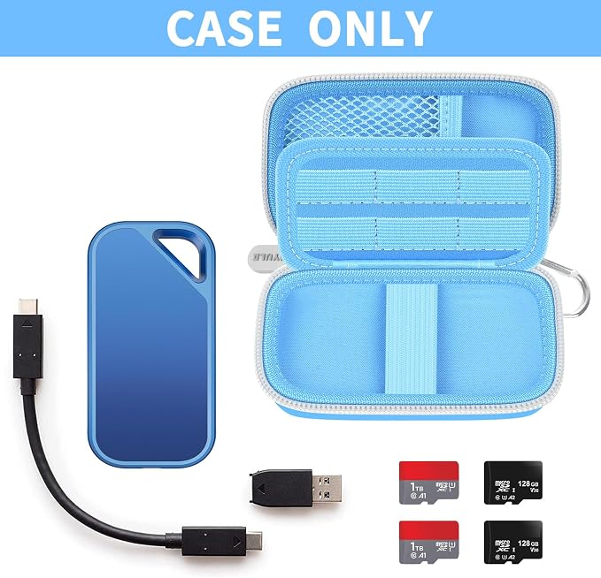 PAIYULE Hard Case for SanDisk Extreme Portable SSD & PRO,SD Card Pocket | Fits 250GB, 500GB, 1TB, 2TB and 4TB SSDs, with SD Card Pocket,Elastic Strap,Mesh Pocket and Carabiner, Case Only Lightblue - Image 2