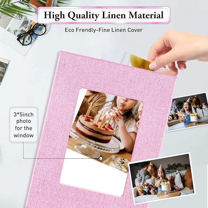 Small Photo Album 4x6,Linen Cover Slide-in Mini Photo Album Book Can Holds 100 4x6 Photos with 50 Black Sheets for Baby Family Pictures Artwork or Postcards Storage (Pink) - Image 5