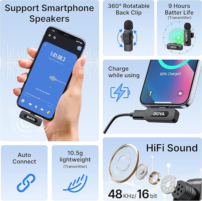 BOYA BY-V1 Wireless Microphones for iPhone iPad with MFi Certified Lightning Port, 328ft Range, 9H Battery Life, Noise Reduction Mini Mic Clip on Lapel Microphone Wireless for Video Recroding - Image 4