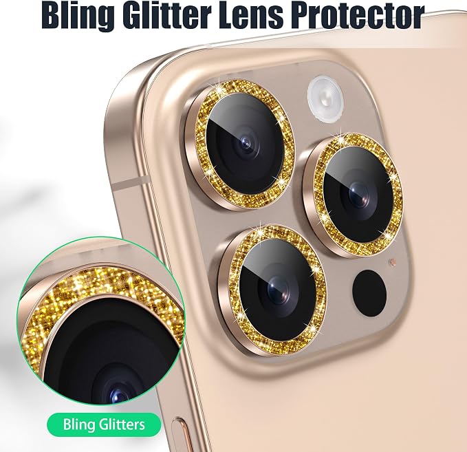 AGVEE 3+3 6 Pack for iPhone 16 Pro & Max Camera Lens Protector Cover | Individual Bling Diamond & Bling Glitter Sparkle Cute Gem Metal Ring, 9H Tempered HD Glass - Image 5