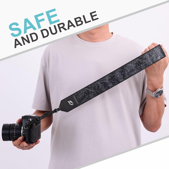Padwa Lifestyle Camera Strap - 2" Black Faux Leather Carving Camera Straps with Full Grain Leather Ends for Photographers, Vintage Soft Suede Fabric Padded Strap Quick Release fits All Cameras - Image 5