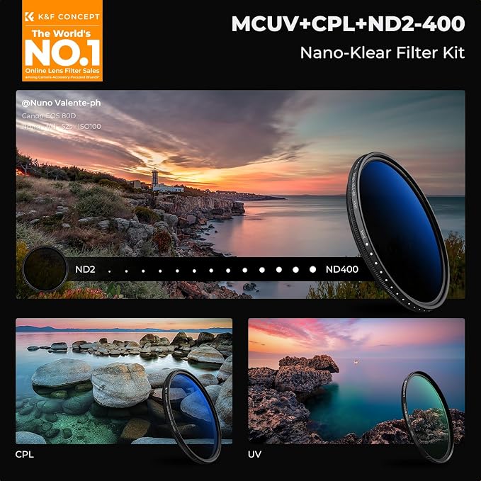 K&F CONCEPT 58mm UV/CPL/ND2-400 Len Filter Kit 3pc Multi-Layer Coatings | UV+Polarizer+Variable ND Lens Filters Kit (1-9 Stops)+Cleaning Cloth+Filter Pouch for Camera Lens Nano-K Series FS303 - Image 2