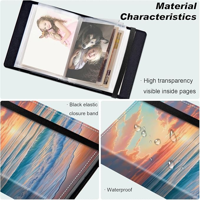 Small Photo Album 5x7, 60 Pockets Holds 120 Photos, Slip-in Pocket Photo Album with Black Elastic Band for Family Wedding Baby Travel Pictures, The Setting Sun - Image 5